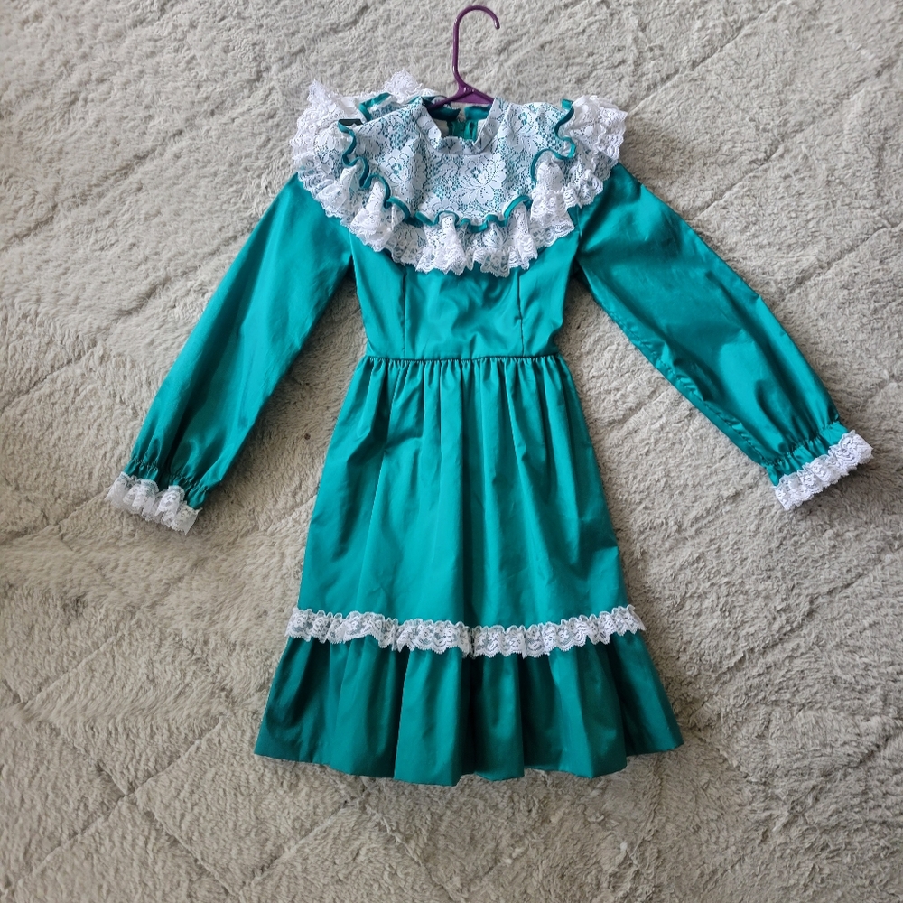 Vtg Ruffled Circle Style Dress Emerald Green Tween Time Girls Dress Sz 10 1990s